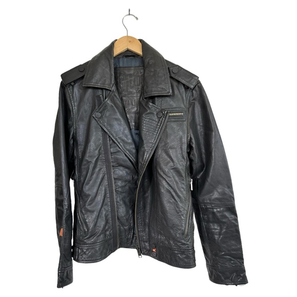 Superdry Ryan Biker Leather Moto Jacket Black Asymmetrical Zip Hip Buckle Size M - Picture 7 of 16